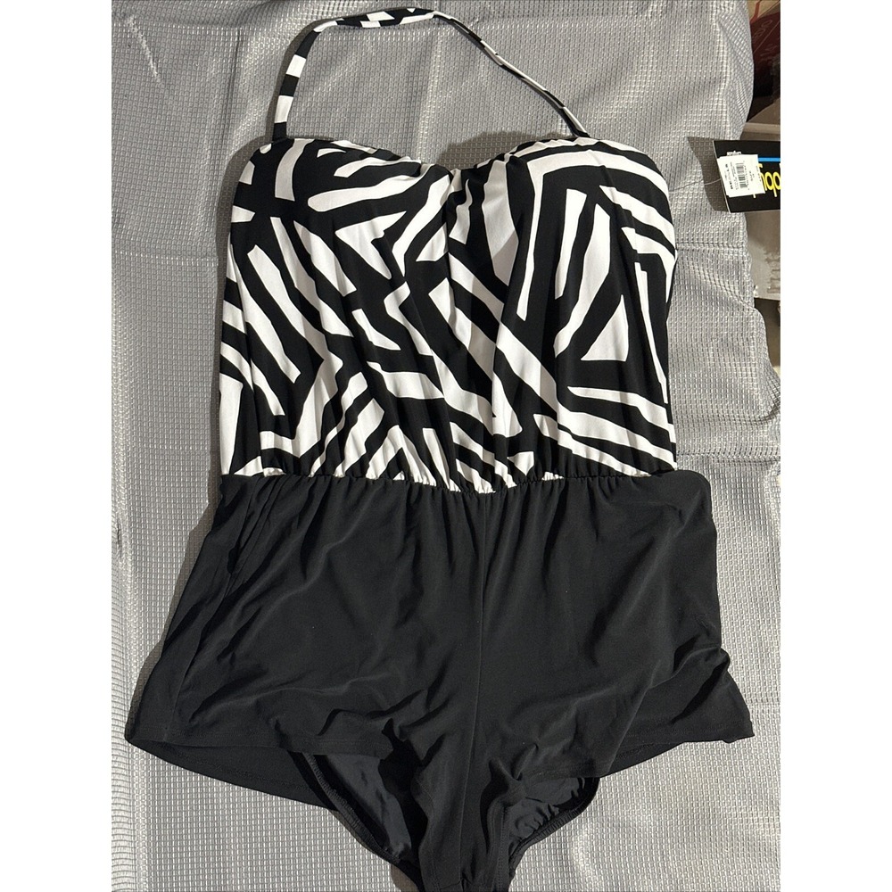 Robby Len Zebra One Piece Swimsuit Swimdress Black White Halter 16 40000120L